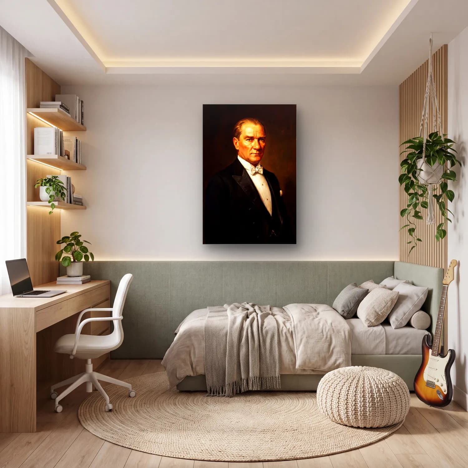 Atatürk Klasik Yağlı Boya Portre Rembrandt Işığı cam tablo — genç odasında