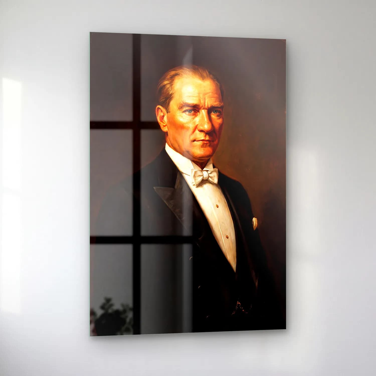 Atatürk Klasik Yağlı Boya Portre Rembrandt Işığı cam tablo — sol açıdan görünüm