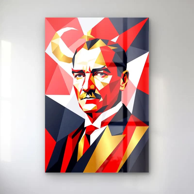 Atatürk Geometrik Low Poly Pop Art Portre cam tablo — ürün görünümü