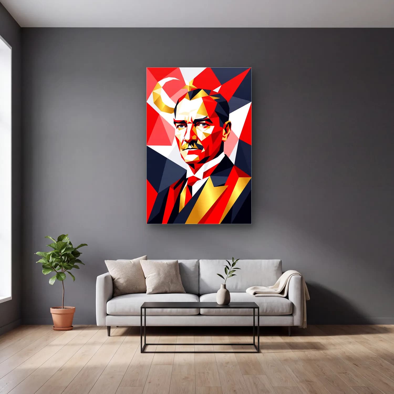 Atatürk Geometrik Low Poly Pop Art Portre cam tablo — gri duvarlı salonda