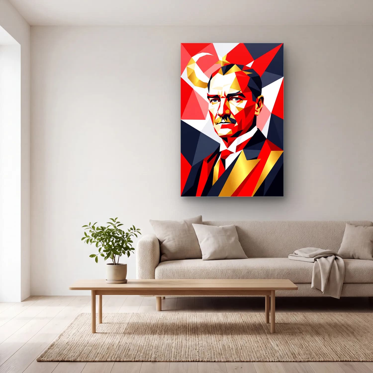 Atatürk Geometrik Low Poly Pop Art Portre cam tablo — açık renk salonda