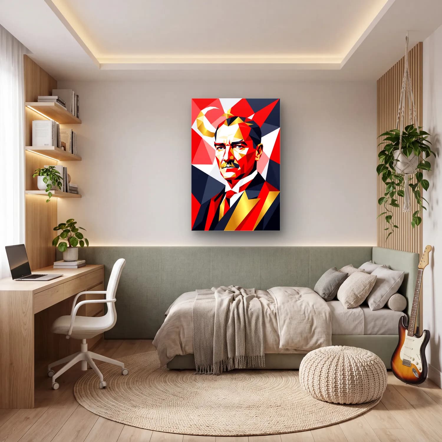 Atatürk Geometrik Low Poly Pop Art Portre cam tablo — genç odasında