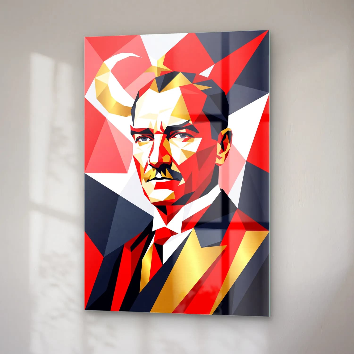 Atatürk Geometrik Low Poly Pop Art Portre cam tablo — sağ açıdan görünüm