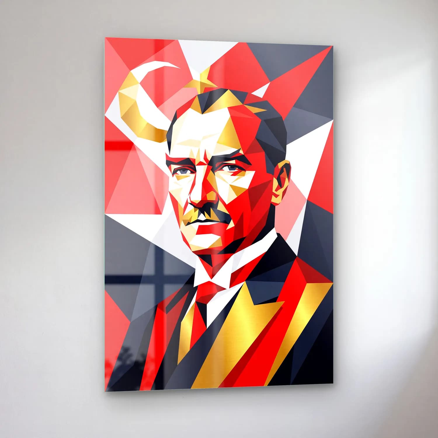Atatürk Geometrik Low Poly Pop Art Portre cam tablo — sol açıdan görünüm