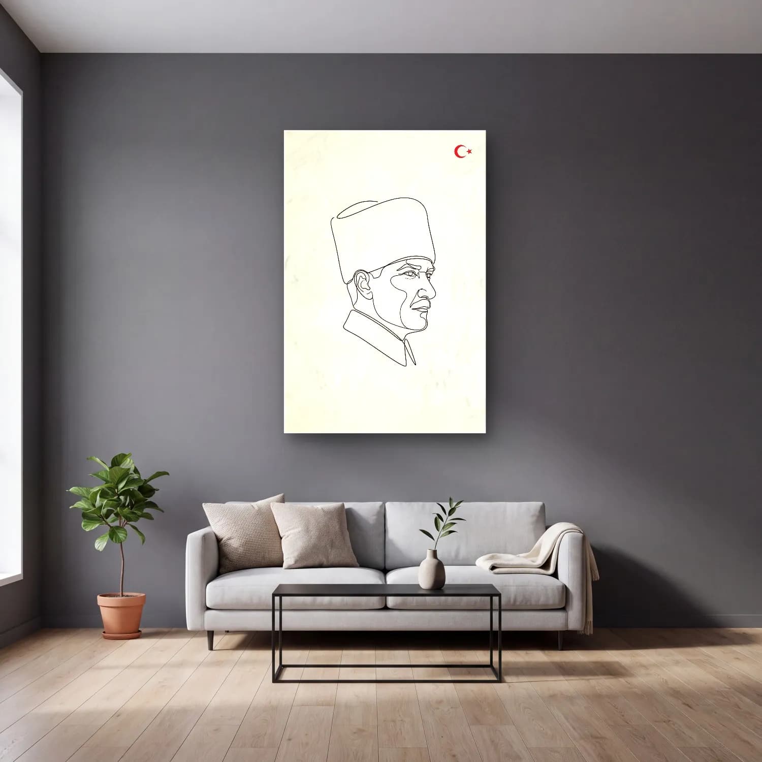 Atatürk Tek Çizgi Sanatı Kalpaklı Profil cam tablo — gri duvarlı salonda
