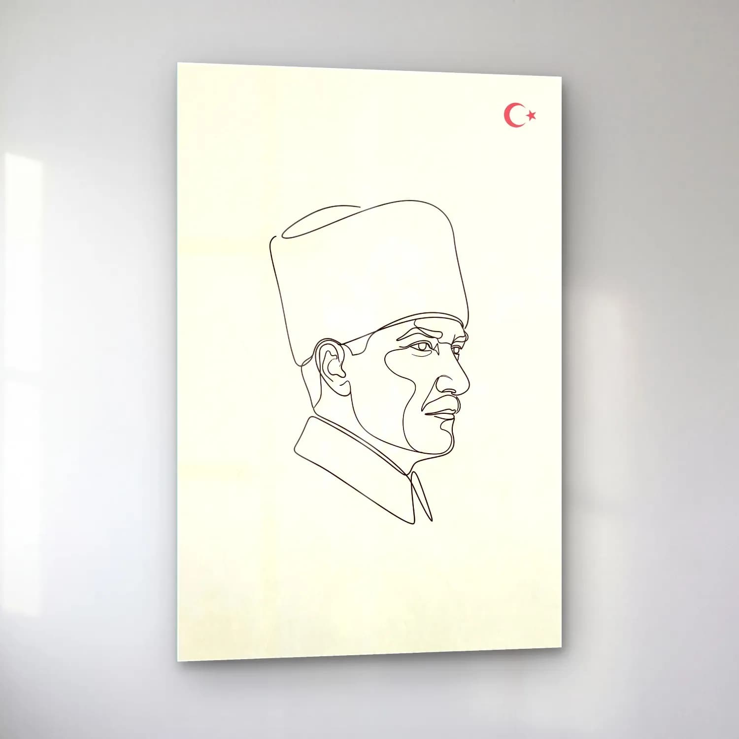 Atatürk Tek Çizgi Sanatı Kalpaklı Profil cam tablo — sol açıdan görünüm