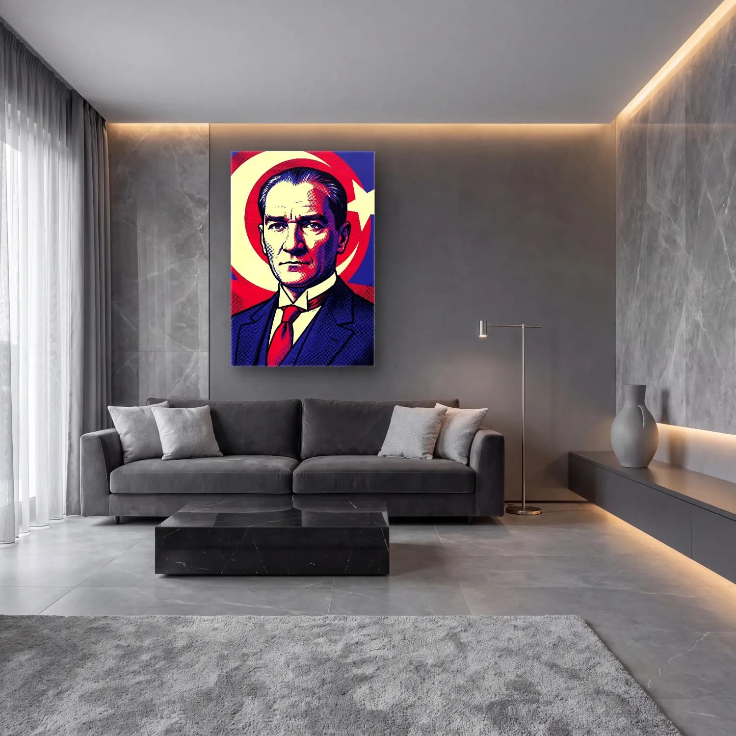 Atatürk Pop Art Halftone Portre cam tablo — lüks salon duvarında
