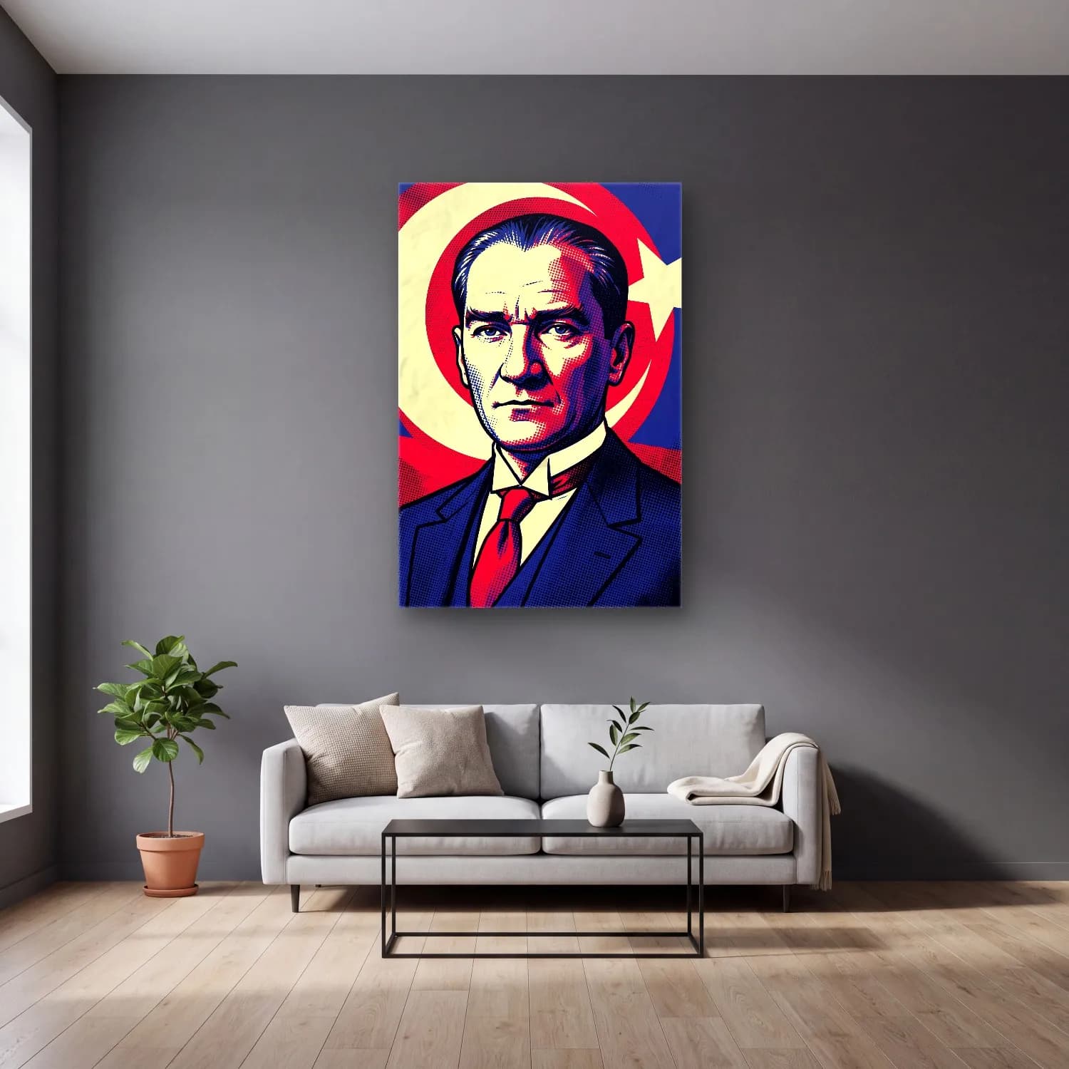 Atatürk Pop Art Halftone Portre cam tablo — gri duvarlı salonda