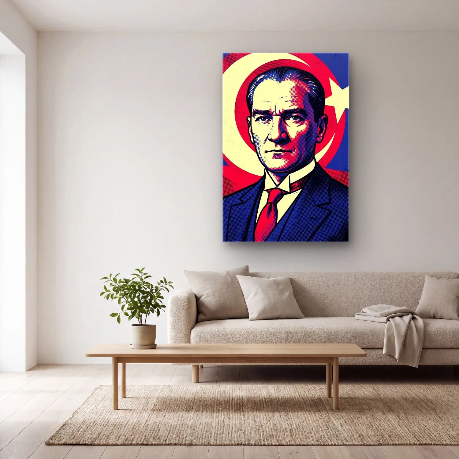 Atatürk Pop Art Halftone Portre cam tablo — açık renk salonda