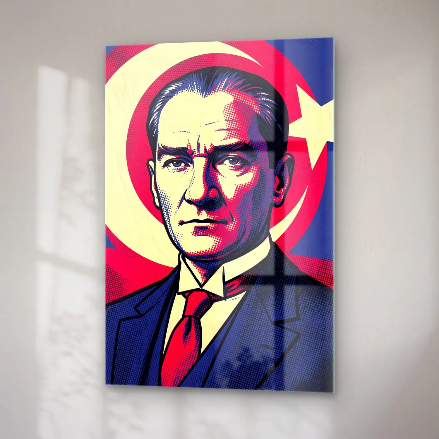Atatürk Pop Art Halftone Portre cam tablo — sağ açıdan görünüm