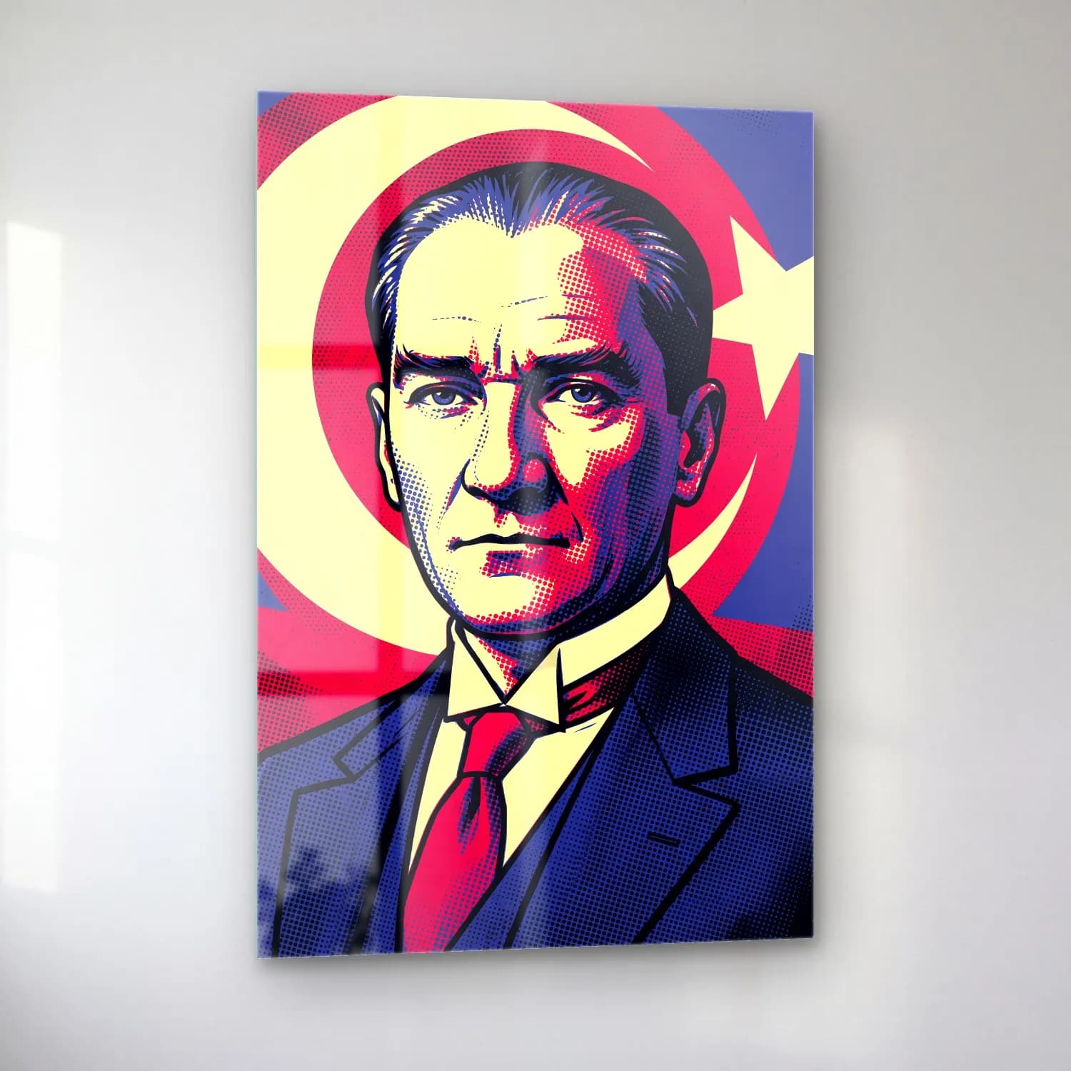 Atatürk Pop Art Halftone Portre cam tablo — sol açıdan görünüm