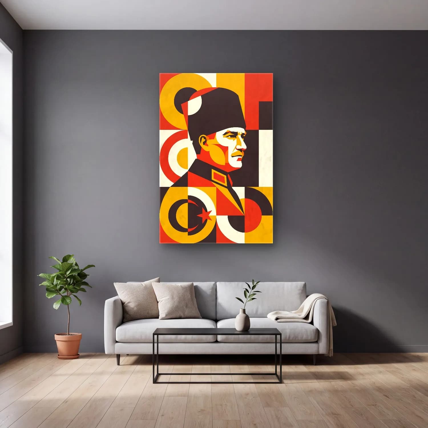 Atatürk Retro Bauhaus Poster cam tablo — gri duvarlı salonda