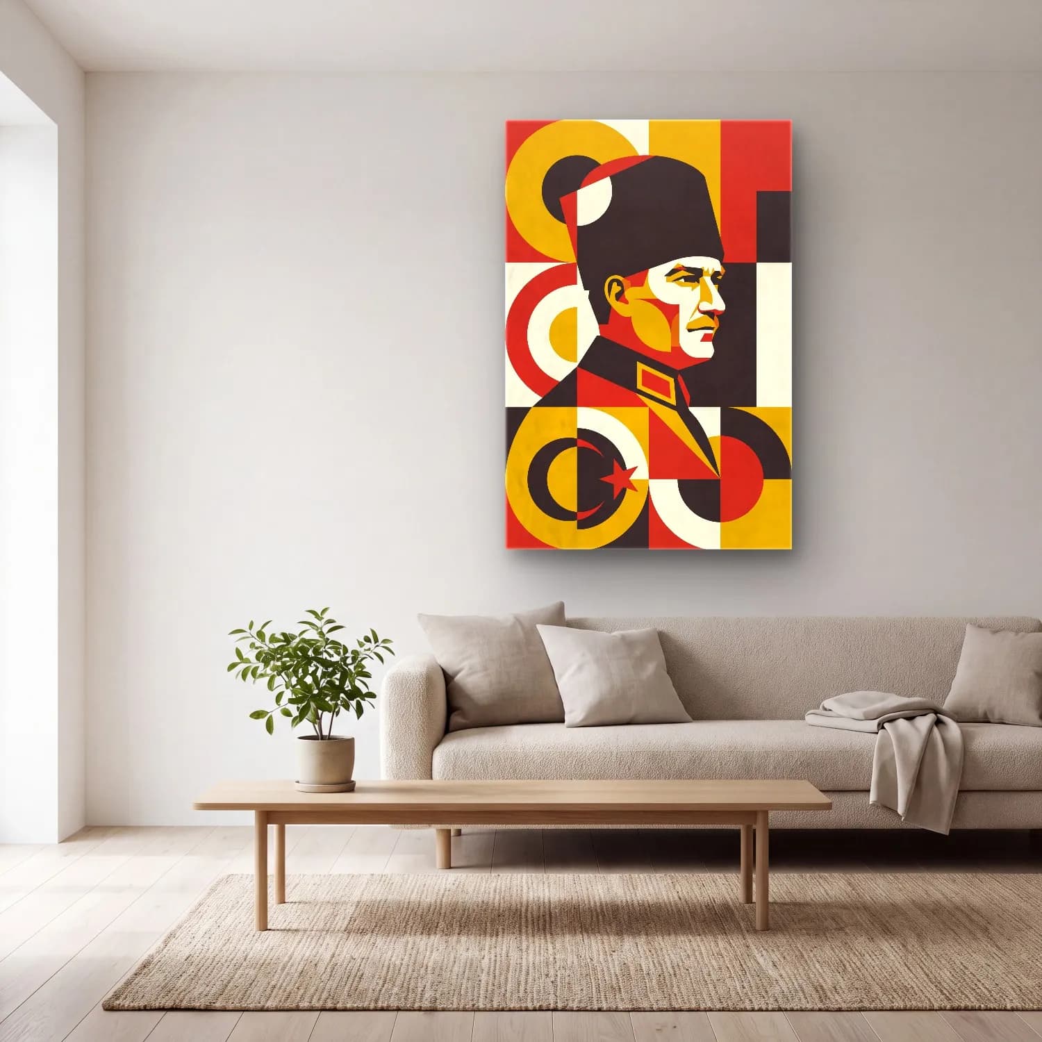 Atatürk Retro Bauhaus Poster cam tablo — açık renk salonda