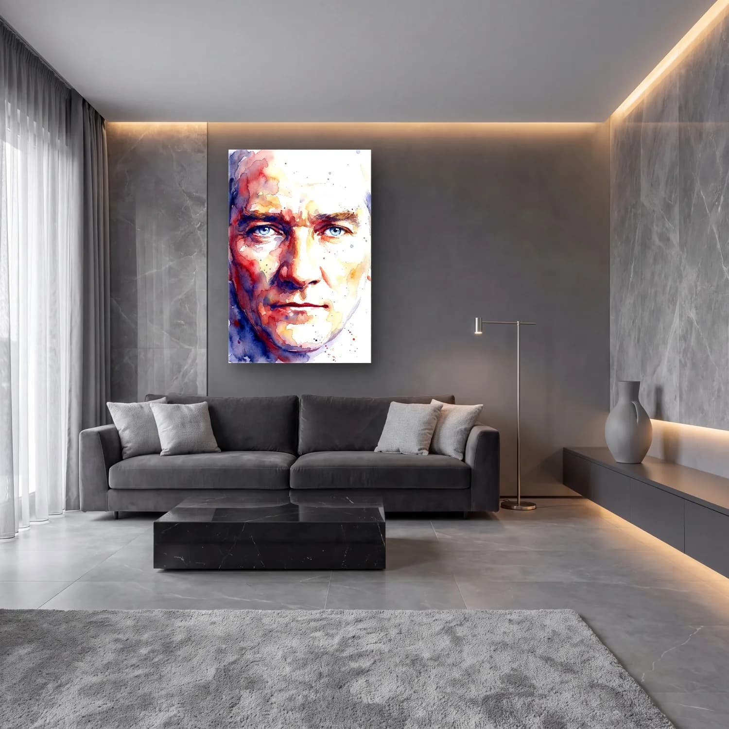 Atatürk Suluboya Mavi Gözler cam tablo — lüks salon duvarında