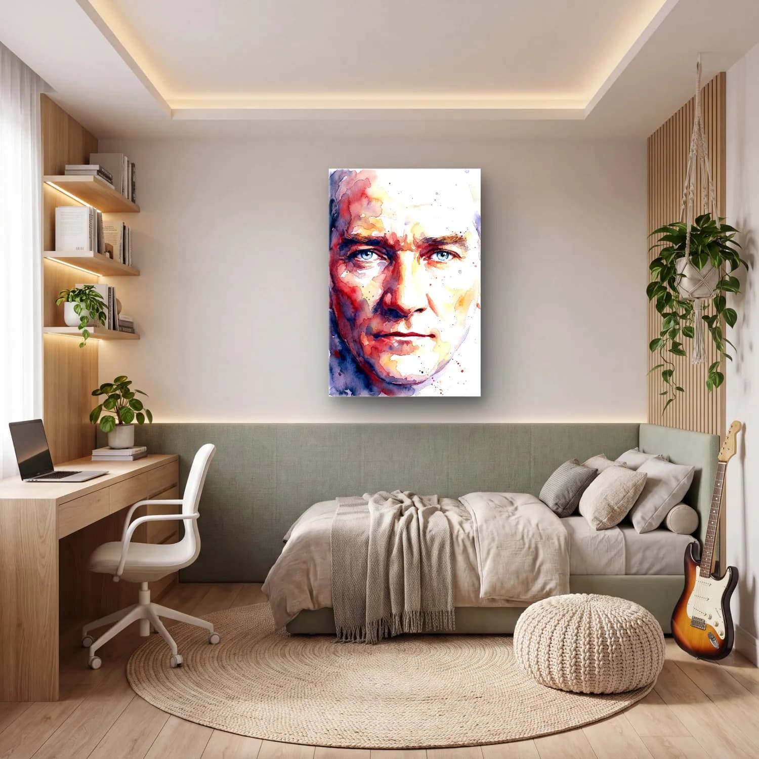 Atatürk Suluboya Mavi Gözler cam tablo — genç odasında