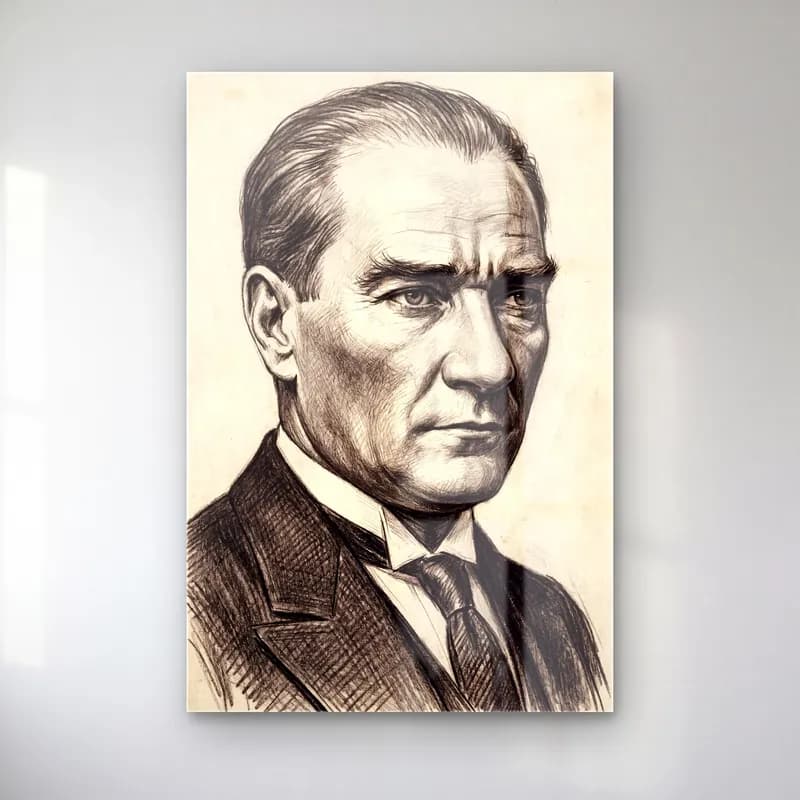Atatürk Karakalem Realist Portre cam tablo — ürün görünümü