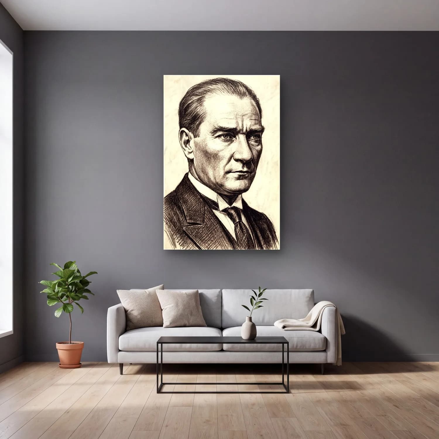 Atatürk Karakalem Realist Portre cam tablo — gri duvarlı salonda