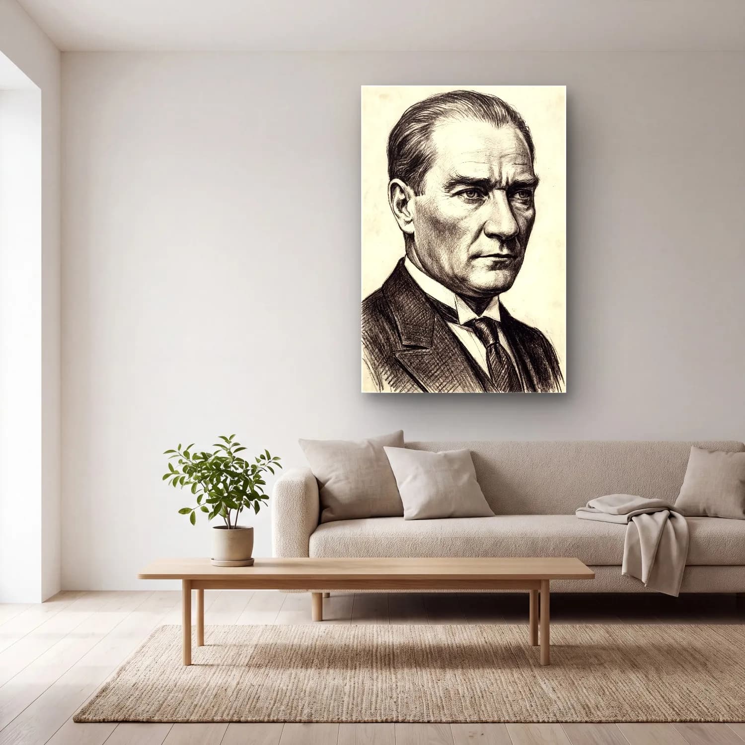 Atatürk Karakalem Realist Portre cam tablo — açık renk salonda