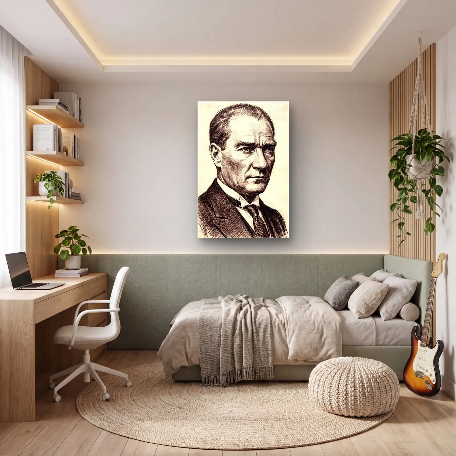 Atatürk Karakalem Realist Portre cam tablo — genç odasında