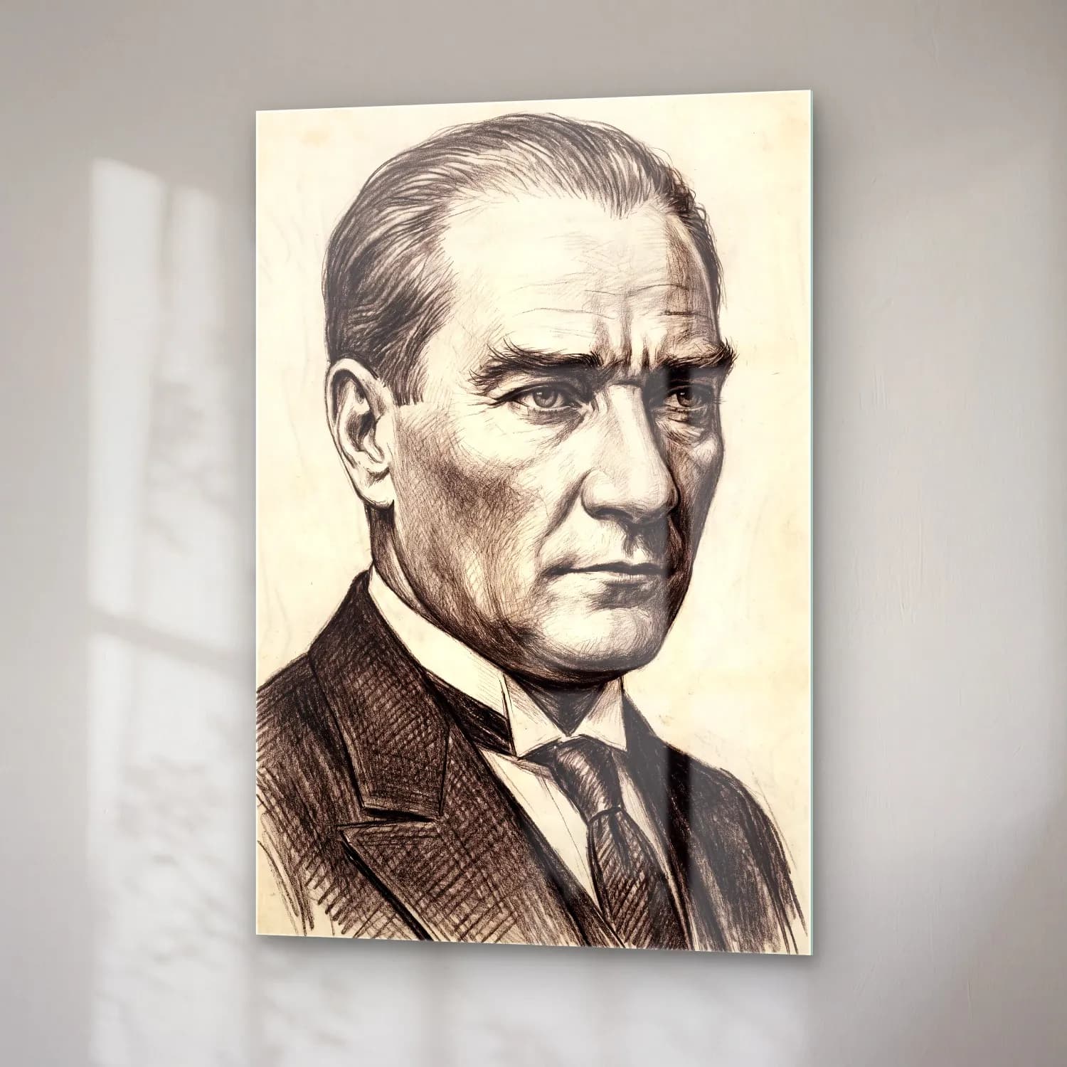 Atatürk Karakalem Realist Portre cam tablo — sağ açıdan görünüm