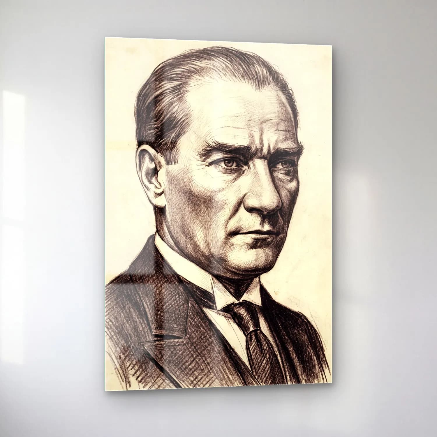 Atatürk Karakalem Realist Portre cam tablo — sol açıdan görünüm
