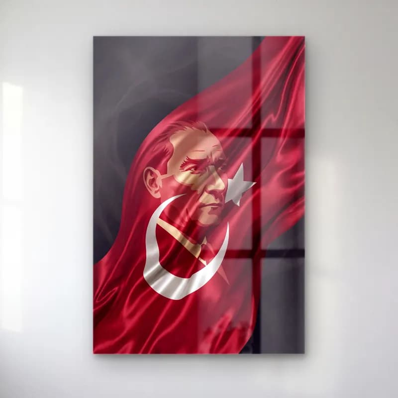 Atatürk Bayrak Kumaşında Portre cam tablo — ürün görünümü