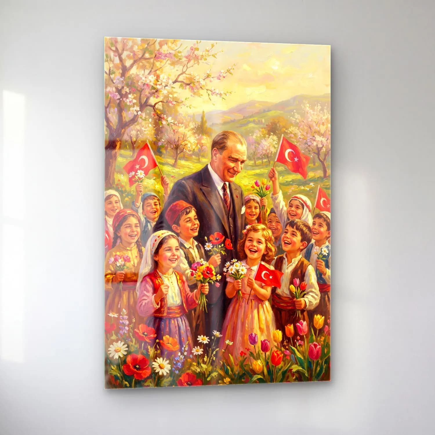 Atatürk 23 Nisan Çocuklarla cam tablo — sol açıdan görünüm