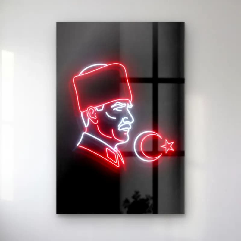 Atatürk Neon Işık Çizgileri cam tablo — ürün görünümü
