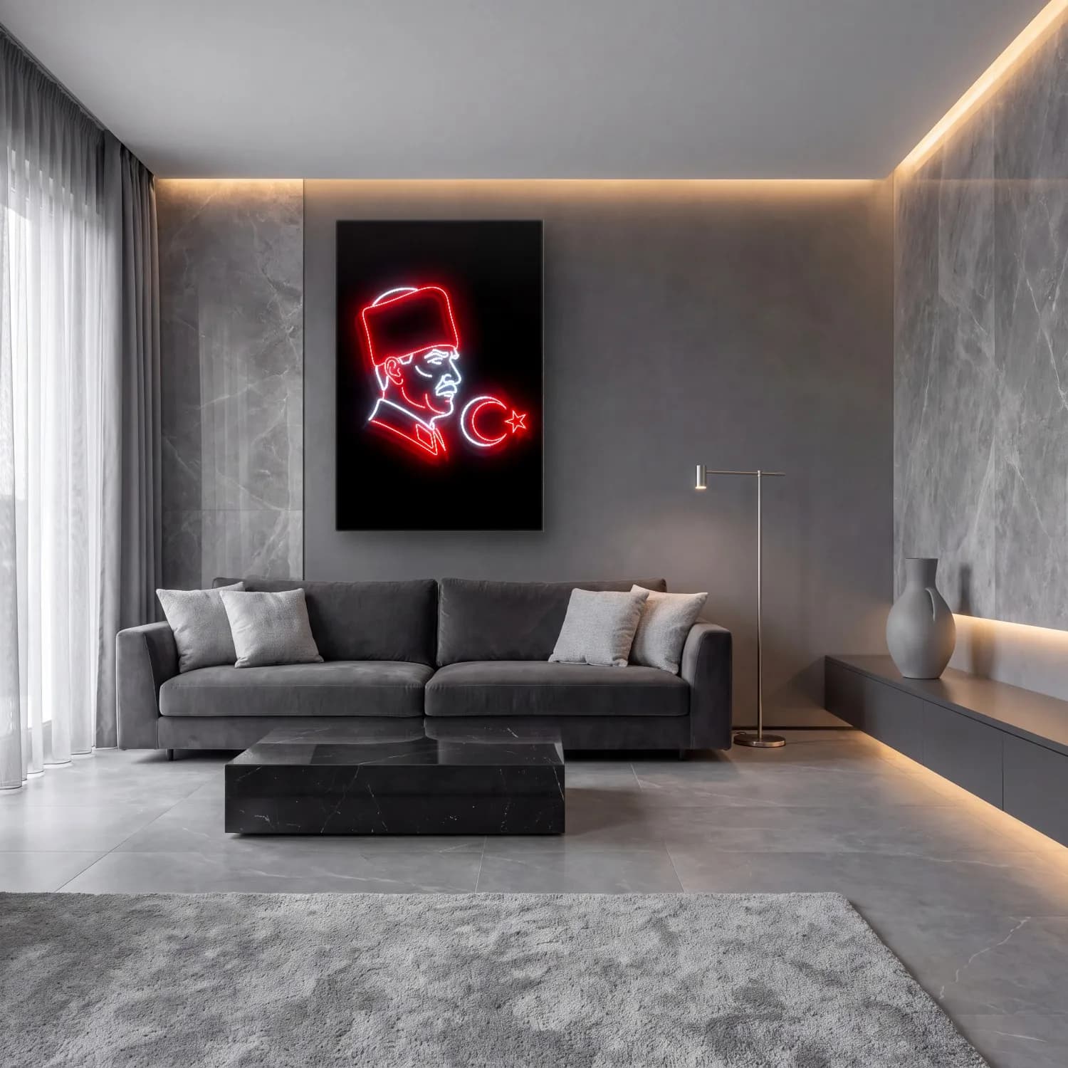 Atatürk Neon Işık Çizgileri cam tablo — lüks salon duvarında