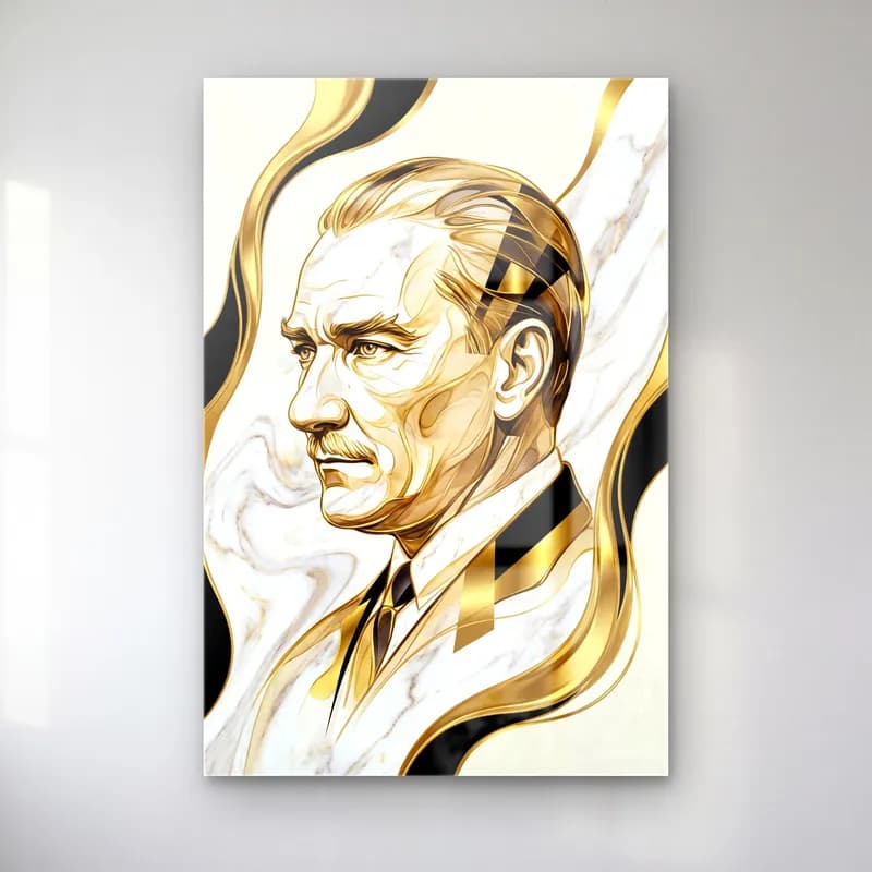 Atatürk Altın Mermer Soyut Portre cam tablo — ürün görünümü