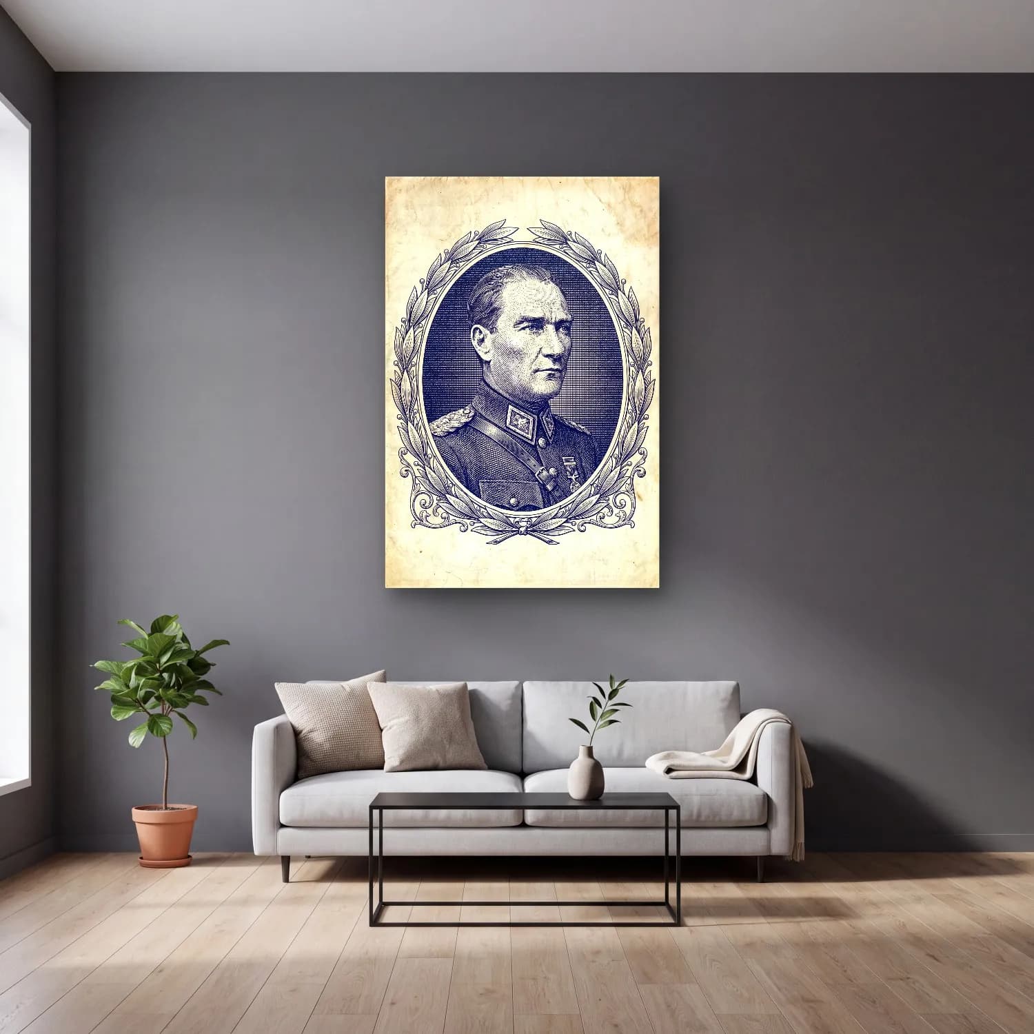 Atatürk Vintage Gravür Portre cam tablo — gri duvarlı salonda