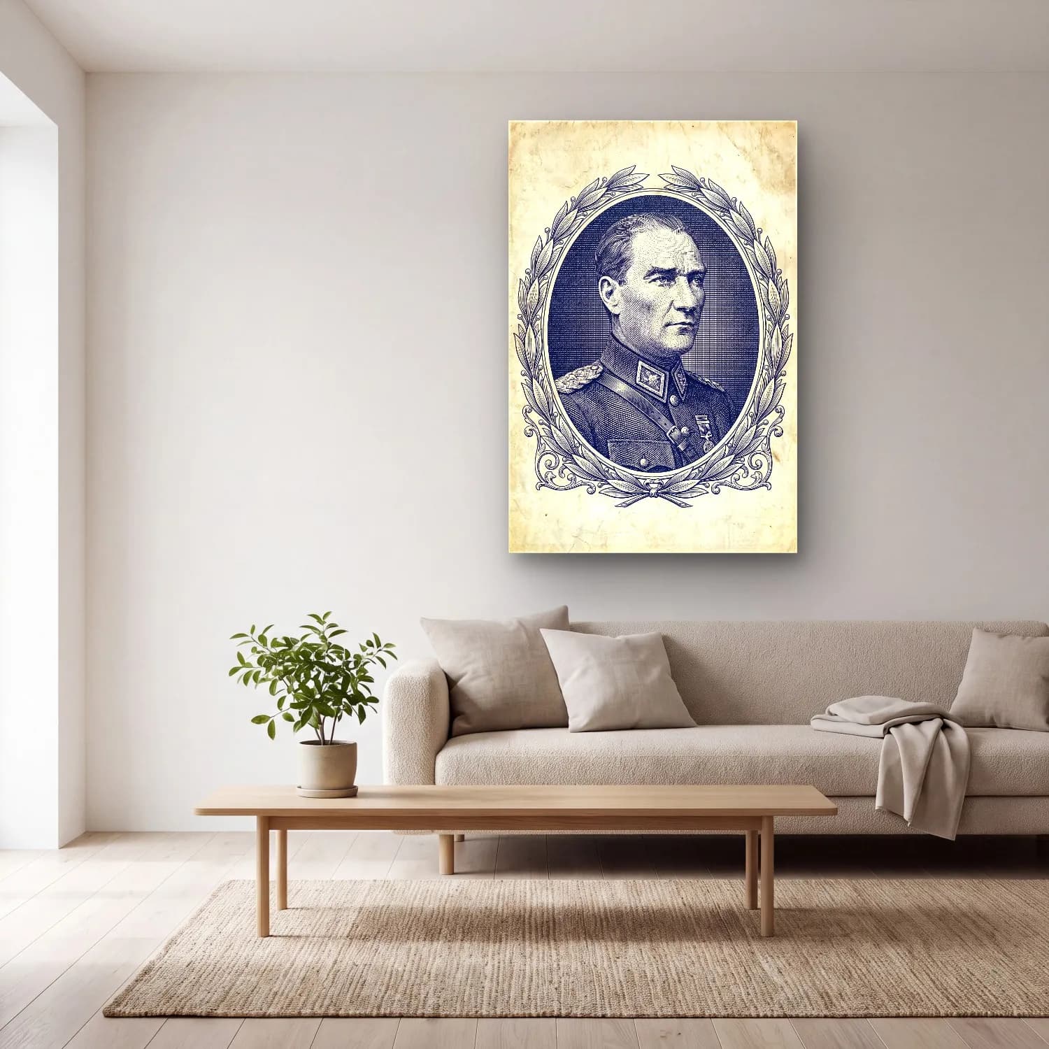 Atatürk Vintage Gravür Portre cam tablo — açık renk salonda