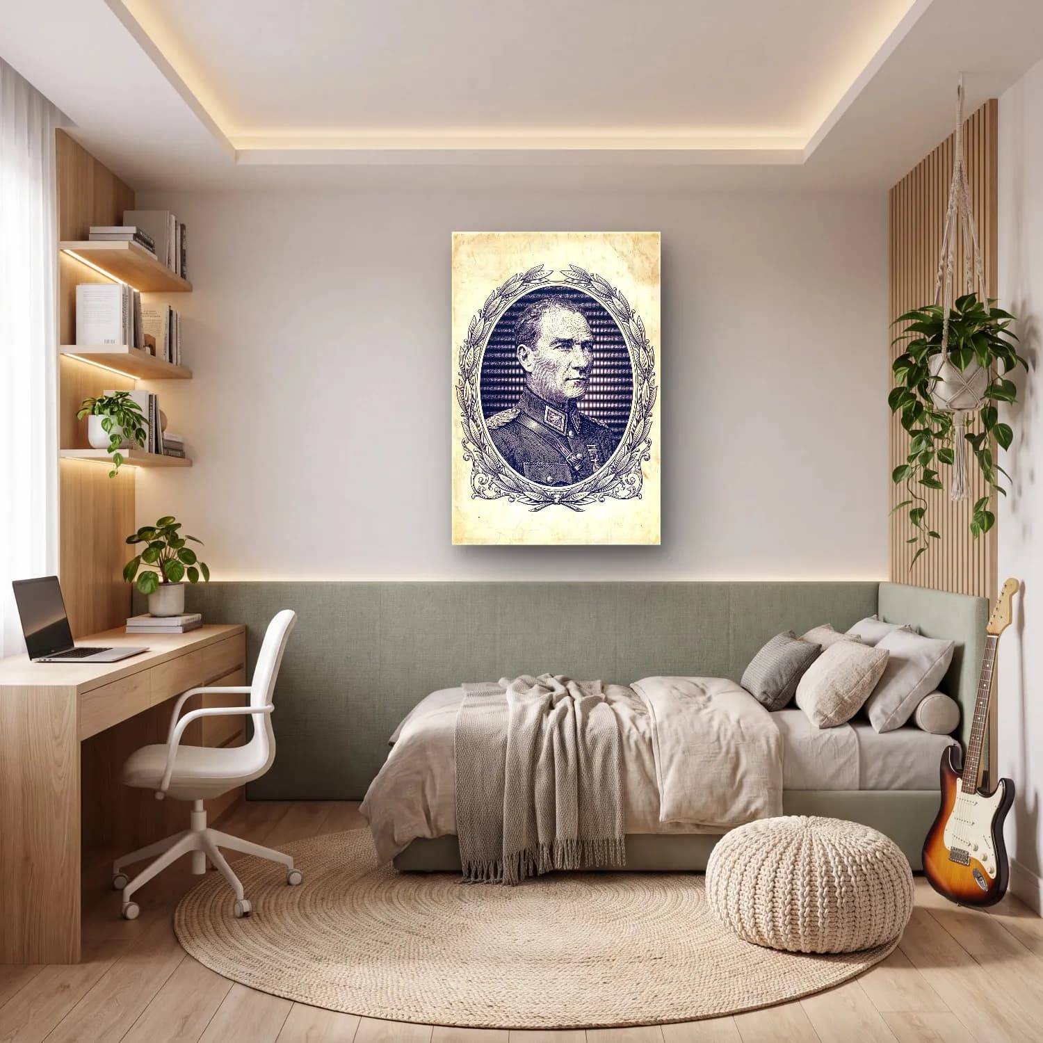 Atatürk Vintage Gravür Portre cam tablo — genç odasında