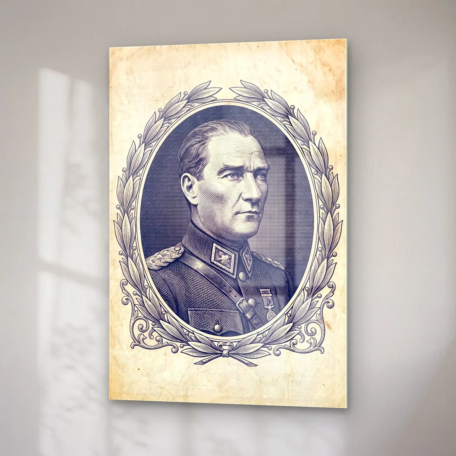 Atatürk Vintage Gravür Portre cam tablo — sağ açıdan görünüm