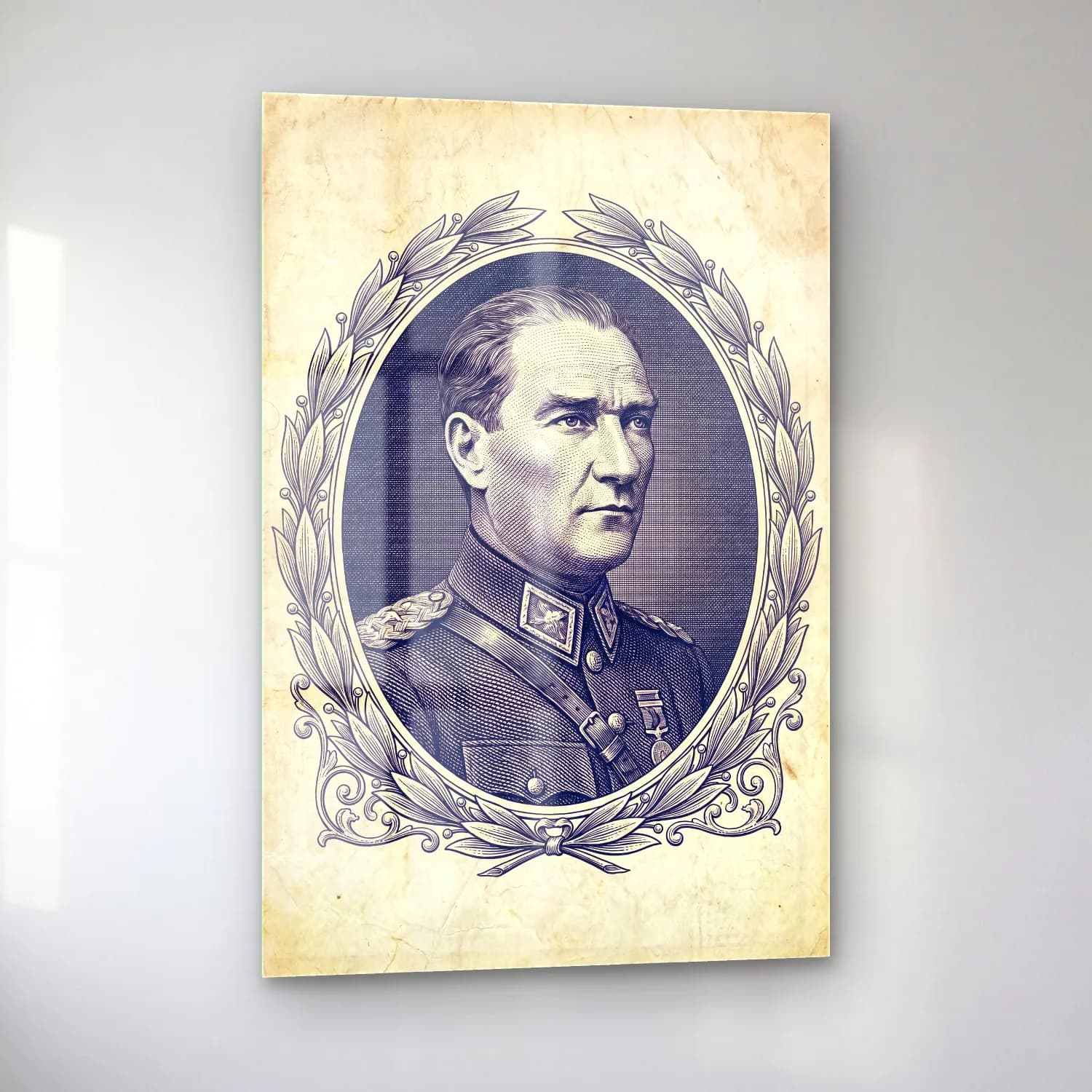 Atatürk Vintage Gravür Portre cam tablo — sol açıdan görünüm