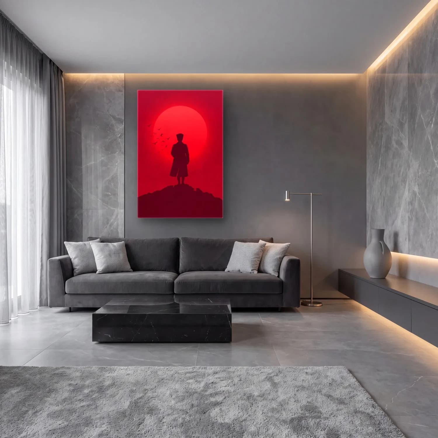 Atatürk Kırmızı Monokrom Silüet cam tablo — lüks salon duvarında