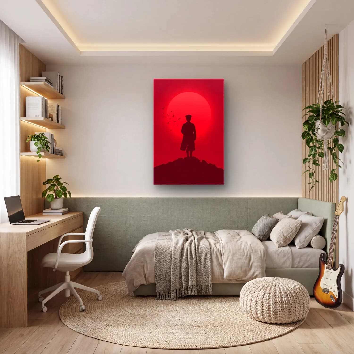 Atatürk Kırmızı Monokrom Silüet cam tablo — genç odasında