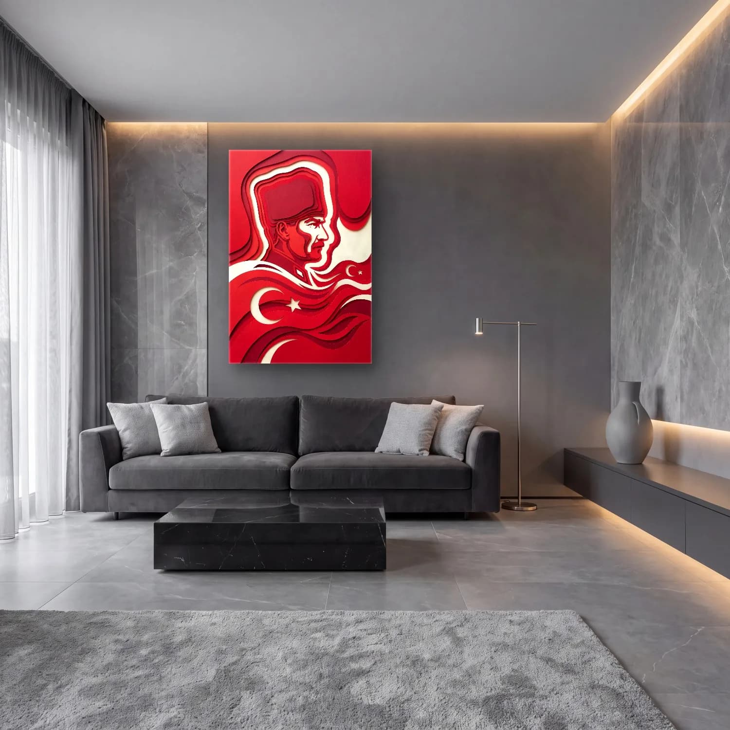 Atatürk Kat Kat Kağıt Kesme Sanatı cam tablo — lüks salon duvarında