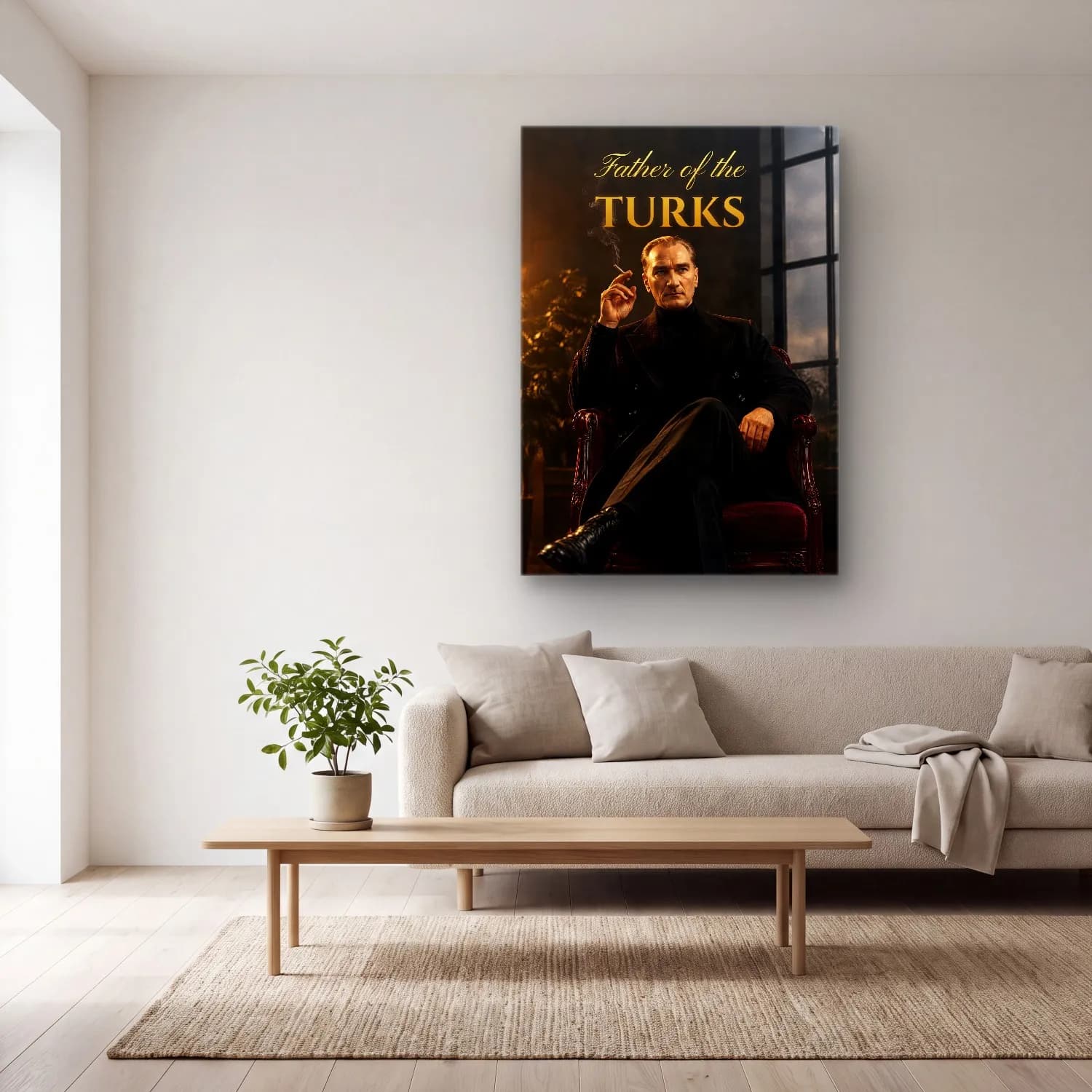 Atatürk Father of the Turks Portre cam tablo — açık renk salonda