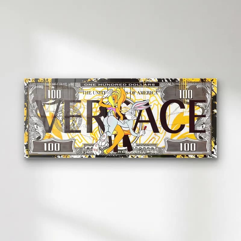 Versace Desenli Bugs Bunny Dolar cam tablo — Versace yazılı gri altın 100 dolar banknotu üzerinde Bugs Bunny