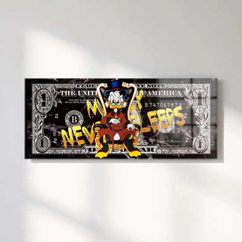 Scrooge Neon Grafiti Dolar cam tablo — Siyah beyaz 1 dolar banknotunda sarı grafiti yazılar ve Scrooge McDuck