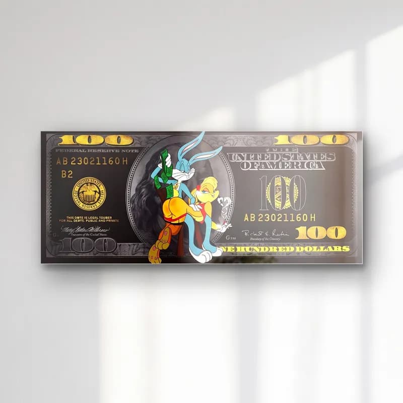Bugs Bunny ve Lola 100 Dolar cam tablo — Siyah altın 100 dolar banknotunda Bugs Bunny ve Lola Bunny