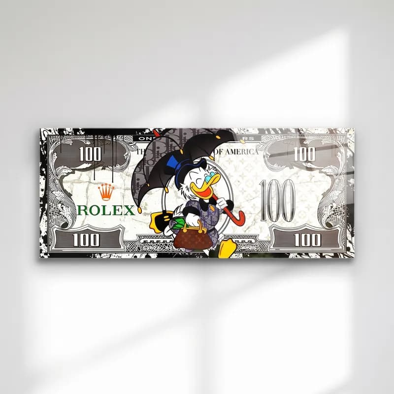 Rolex Desenli Scrooge Dolar cam tablo — Rolex yazılı siyah beyaz dolar banknotunda şemsiyeli Scrooge McDuck