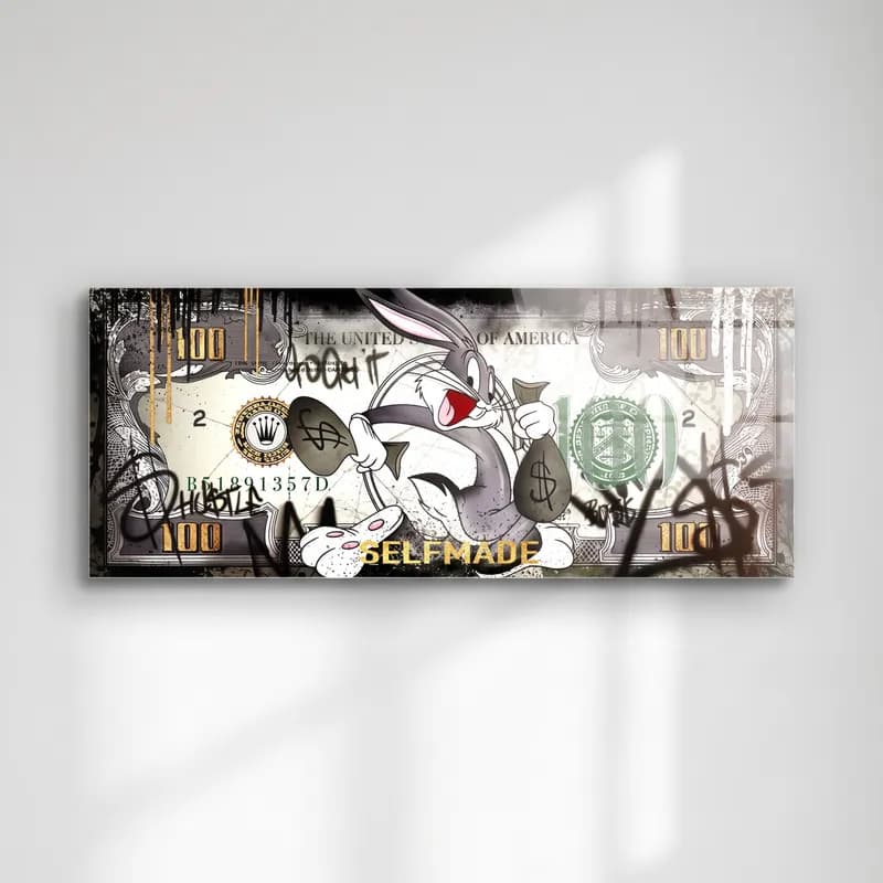 Bugs Bunny Selfmade Dolar cam tablo — Grafitili gri dolar banknotunda para torbaları tutan Bugs Bunny
