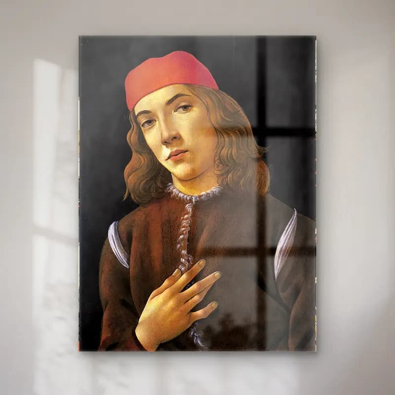 Sandro Botticelli – Erkek Portresi No. 5 cam tablo — Sandro Botticelli – Erkek Portresi No. 5 — yağlı boya erkek portresi