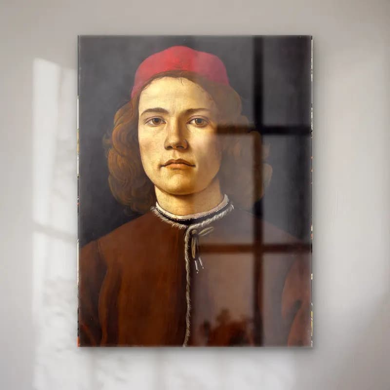 Sandro Botticelli – Erkek Portresi No. 6 cam tablo — Sandro Botticelli – Erkek Portresi No. 6 — yağlı boya erkek portresi