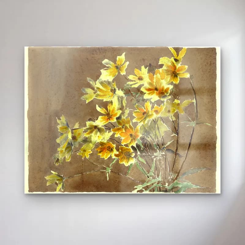 Hannah Borger Overbeck – Yellow Flower with Border – Sarı Tonlar cam tablo — Hannah Borger Overbeck – Yellow Flower with Border – Sarı Tonlar — suluboya kır çiçekleri