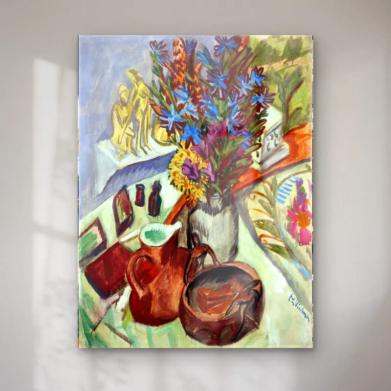 Ernst Ludwig Kirchner – Still Life with Jug and African Bowl painting in high… cam tablo — Ernst Ludwig Kirchner – Still Life with Jug and African Bowl painting in high… — empresyonist vazoda çiçek buketi