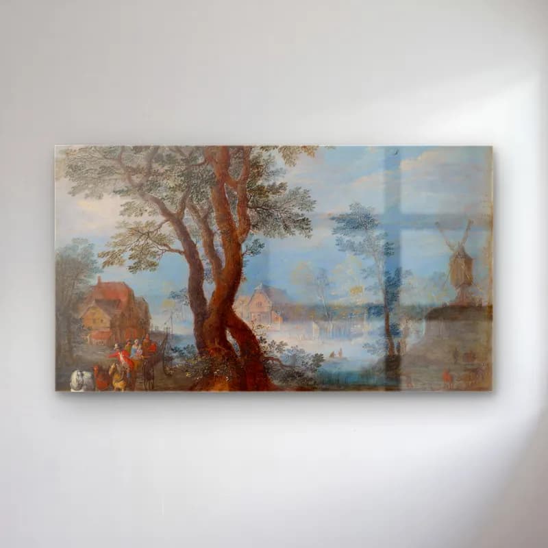 Jan Brueghel The Elder – Village Landscape with Staffage Figures cam tablo — Jan Brueghel The Elder – Village Landscape with Staffage Figures — yağlı boya karlı kış manzarası