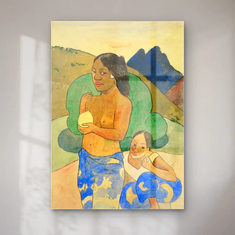 Paul Gauguin – Two Tahitian Women in a Landscape (ca. 1892) cam tablo — Paul Gauguin – Two Tahitian Women in a Landscape (ca. 1892) — yağlı boya anne ve çocuk